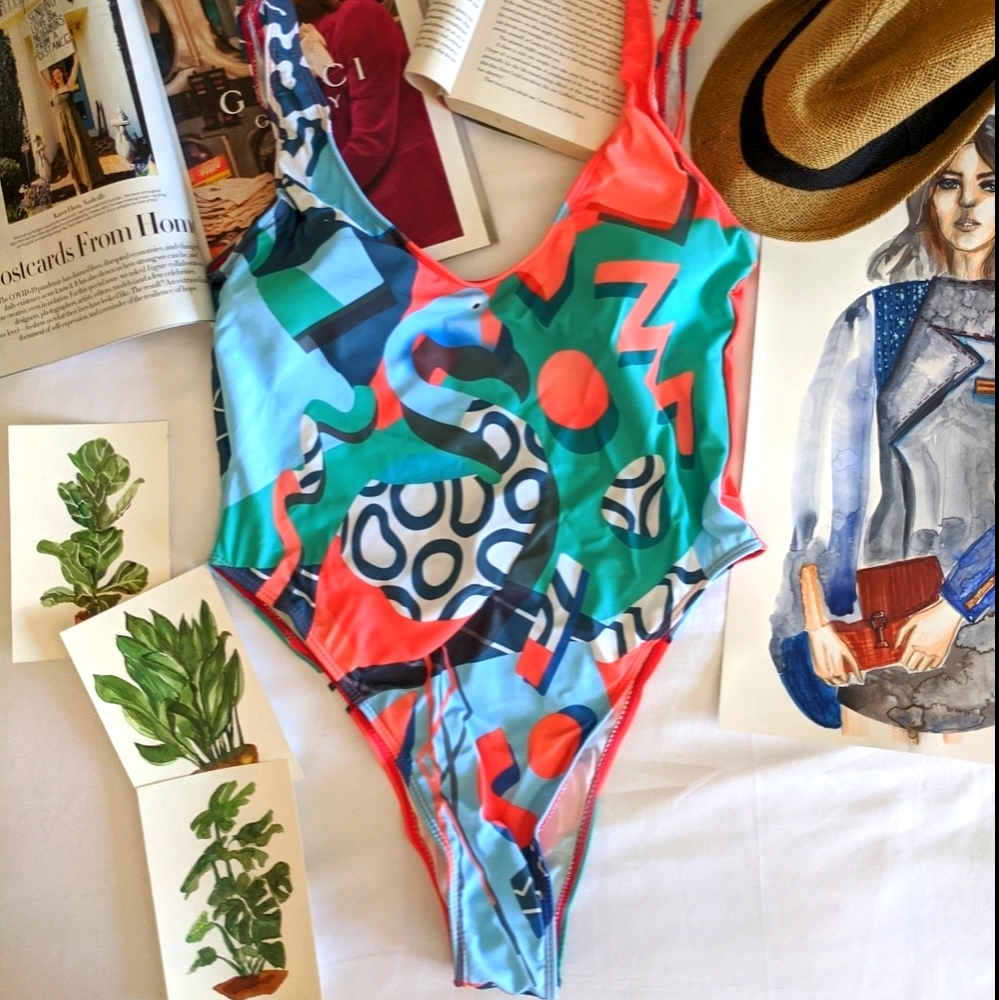 Backless Abstract Print One Piece Swimsuit